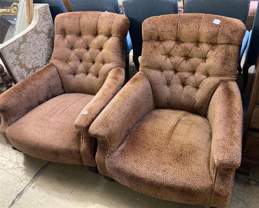 A pair of Sankey buttoned armchairs, width 80cm depth 108cm height 82cm